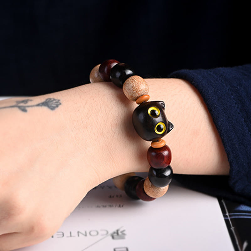 Buddha Stones Small Leaf Red Sandalwood Ebony Wood Cute Cat Engraved Protection Bracelet - image 5