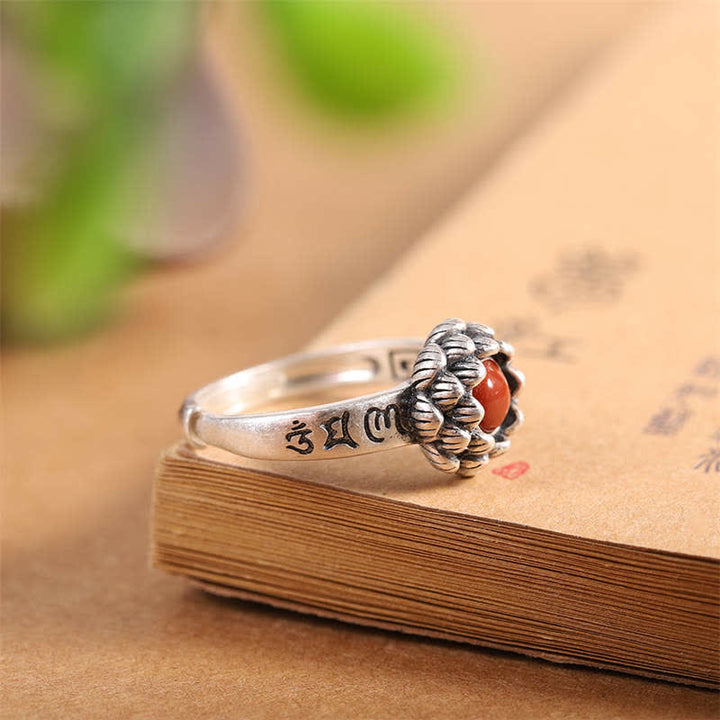 Buddha Stones925 Sterling Silver Lotus Red Agate Confidence Blessing Ring - image 6
