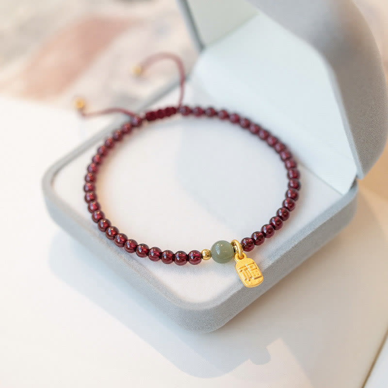 Buddha Stones Natural Strawberry Quartz Garnet Jade Lucky Fortune Fu Character Healing Charm Bracelet - Garnet(Purification♥Protection)(Wrist Circumference 15-20cm) - image 11
