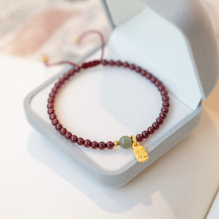 Buddha Stones Natural Strawberry Quartz Garnet Jade Lucky Fortune Fu Character Healing Charm Bracelet - Garnet(Purification♥Protection)(Wrist Circumference 15-20cm) - image 11