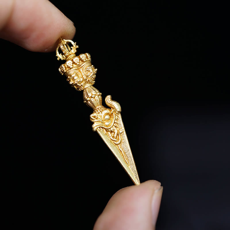Buddha Stones Tibet Dorje Vajra Engraved Spiritual Power Pendant Hanging Decoration - Gold - Pendant Only(9.6*47mm) - image 0