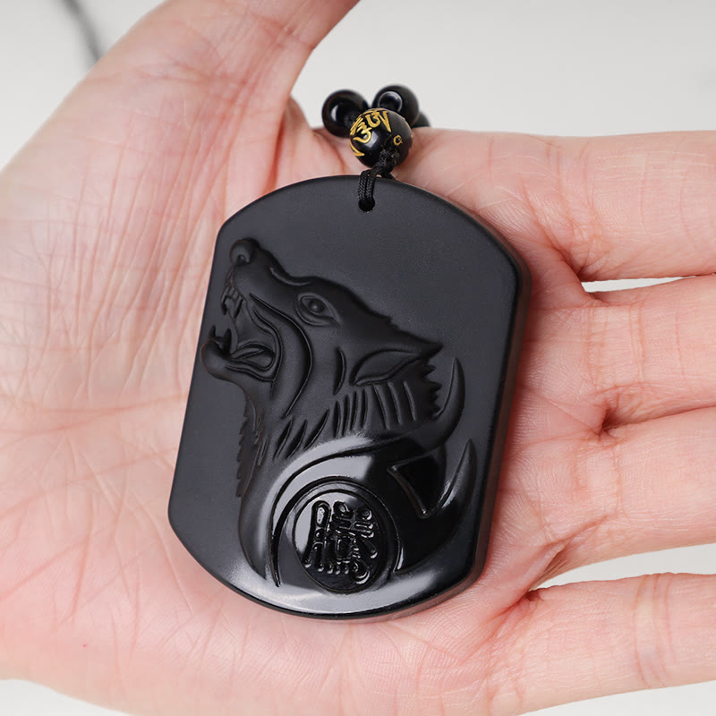 Buddha Stones Black Obsidian Stone Wolf Purification Pendant Necklace - image 3