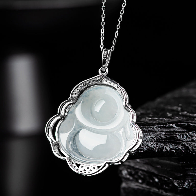 Buddha Stones Laughing Buddha Natural Jade Abundance Titanium Steel Chain Necklace Pendant - image 6