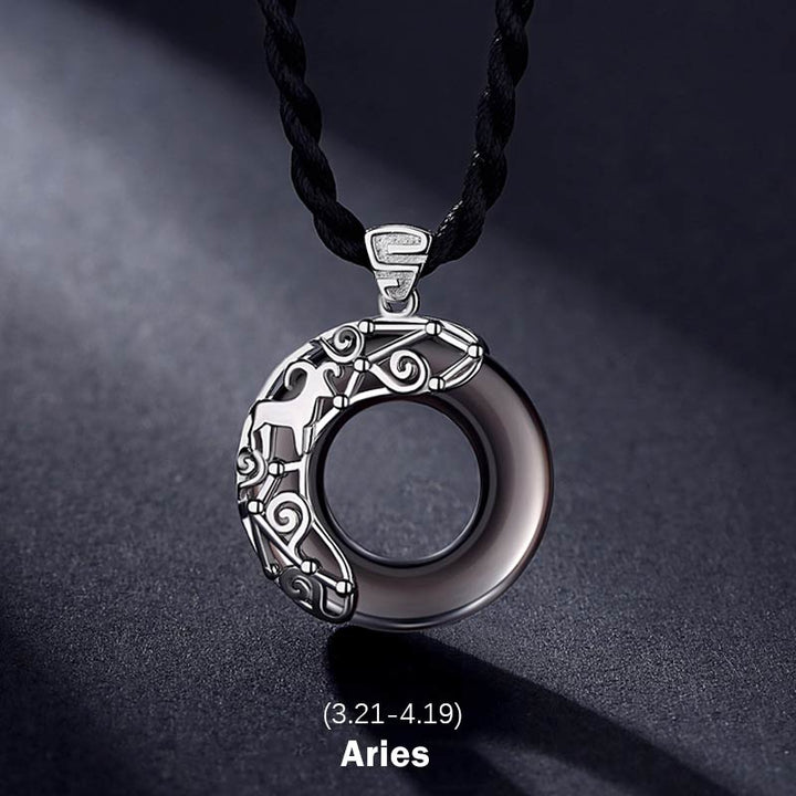 Buddha Stones 12 Constellations of the Zodiac Ice Obsidian Blessing Round Pendant Necklace - Aries - image 0