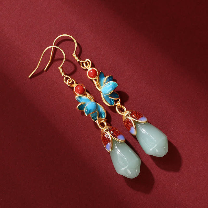 Magnolia Flower Jade Pattern Luck Prosperity Drop Dangle Earrings - image 1