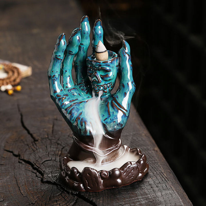 Buddha Stones Halloween Ghost Hand Skull Head Ceramic Peace Healing Incense Burner Decoration - Blue 17*9.5*9.2cm - image 5