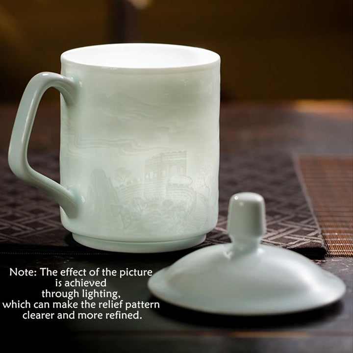 Buddha Stones Jingdezhen White Porcelain Handmade Great Wall Landscape Engraved Ceramic Teacup Office Mug Tea Cups - image 4