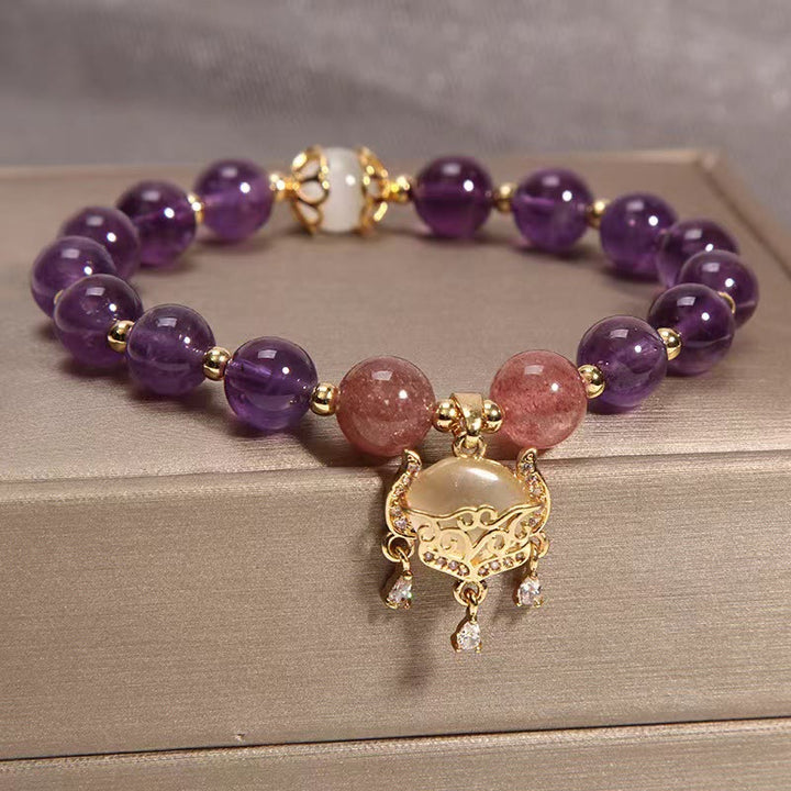 Buddha Stones Natural Amethyst Strawberry Quartz Cat Eye Chinese Lock Charm Healing Bracelet - image 2