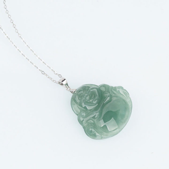Buddha Stones Laughing Buddha Jade Protection Calm Titanium Steel Chain Necklace Pendant - image 5