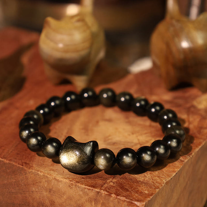 Buddha Stones Gold Sheen Obsidian Silver Sheen Obsidian Lovely Paw Lucky Cat Protection Bracelet - image 3