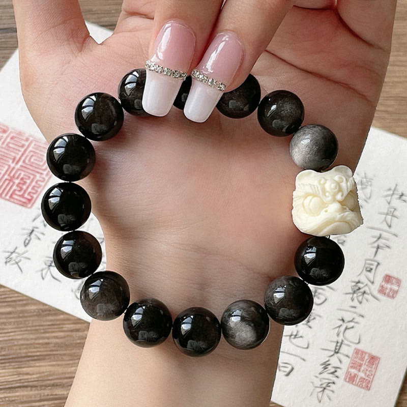 Buddha Stones Silver Sheen Obsidian Bodhi Seed Ivory Fruit Dancing Lion Protection Bracelet - image 6