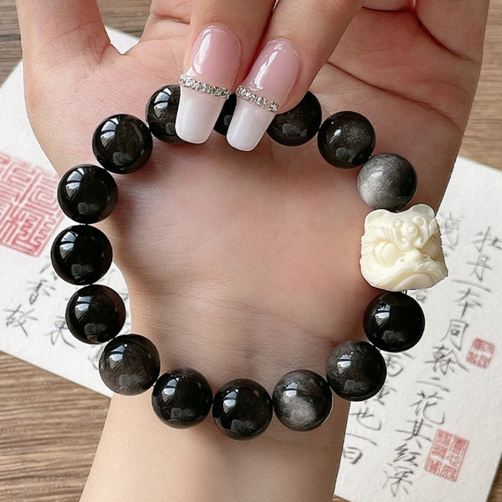 Buddha Stones Silver Sheen Obsidian Bodhi Seed Ivory Fruit Dancing Lion Protection Bracelet - image 6