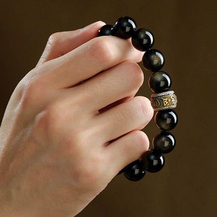 Buddha Stones Gold Sheen Obsidian PiXiu Cinnabar Om Mani Padme Hum Protection Bracelet - image 4