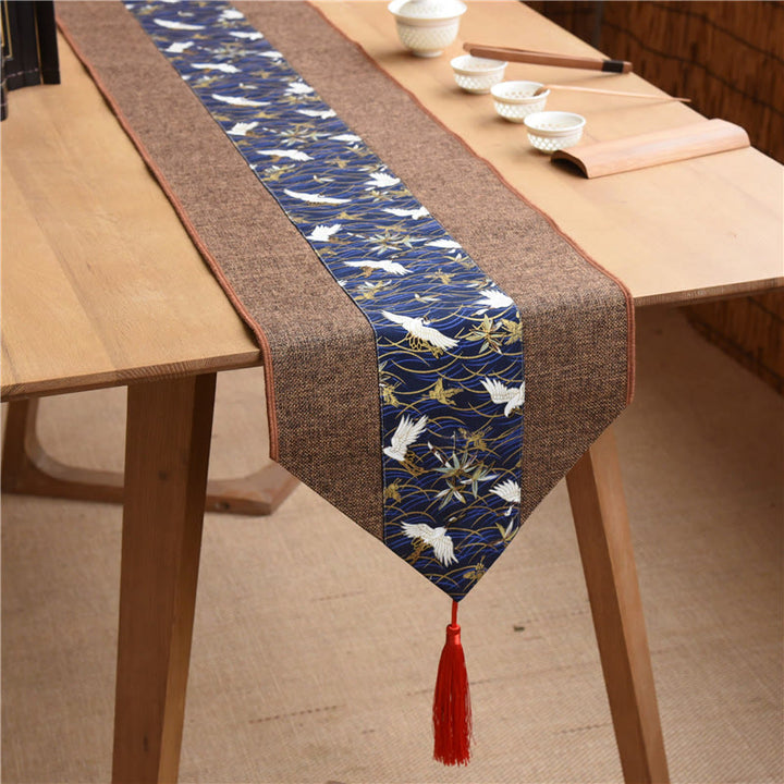 Buddha Stones Classic Chinese Style Lotus Koi Fish Flower Crane Calligraphy Enlightenment Cotton Linen Tassels Table Runner - Brown Blue Crane - 30*180cm - image 26
