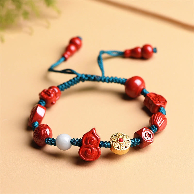 Buddha Stones Natural Cinnabar Gourd Om Mani Padme Hum Laughing Buddha Blessing String Bracelet - Cinnabar(Calm♥Concentration) - image 0