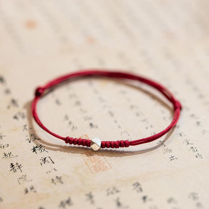 Buddha Stones 925 Sterling Silver Luck Bead Protection Red String Braided Bracelet - Square Bead - Dark Red(Wrist Circumference 14-18cm) - image 0