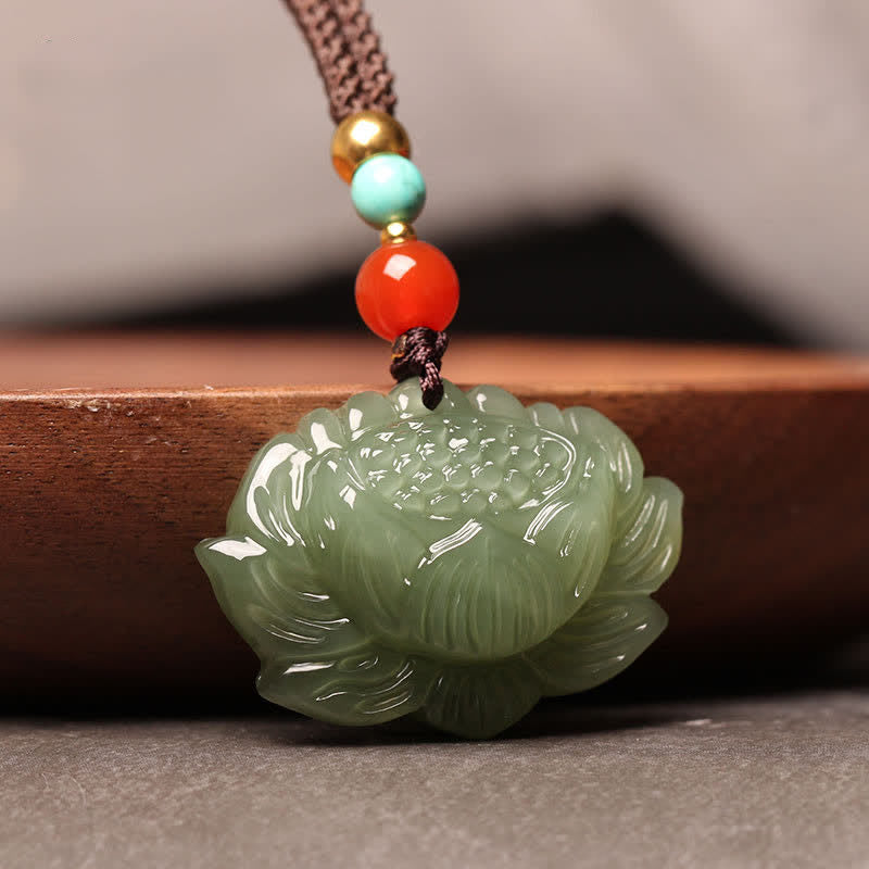 Buddha Stones Hetian Cyan Jade Lotus Flower Success Necklace Pendant - image 2