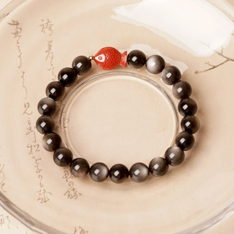 Buddha Stones Natural Silver Sheen Obsidian Cinnabar Koi Fish Soothing Protection Bracelet - 10mm(Wrist Circumference 14-16cm) - image 1