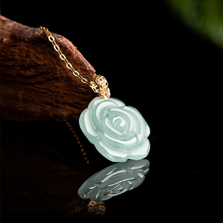 Buddha Stones Natural Jade Rose Luck Necklace Titanium Steel Chain Pendant - image 3