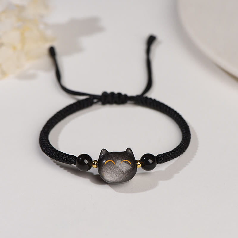 Buddha Stones Handmade Natural Silver Sheen Obsidian Strawberry Quartz Cute Cat Protection Braided Bracelet - Silver Sheen Obsidian(Communication♥Soothing) - Smiling Cat - image 0