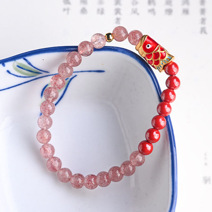 Buddha Stones Natural Strawberry Quartz Cinnabar Lucky Koi Fish Healing Bracelet - image 4