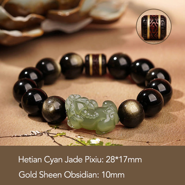 Buddha Stones Natural Gold Sheen Obsidian Hetian Cyan Jade White Jade PiXiu Wealth Bracelet - image 1