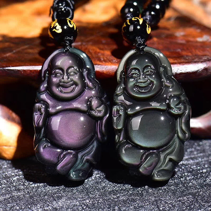 Natural Rainbow Obsidian Laughing Buddha Inner Peace Necklace Pendant - Rainbow Obsidian&Bead String - image 0