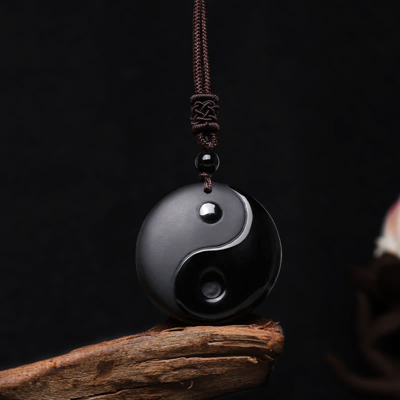 Buddha Stones Black Obsidian Taoism Five Sacred Mountains Nine-Character Mantra Carved Purification Yin Yang Necklace Pendant - Yin Yang - image 0