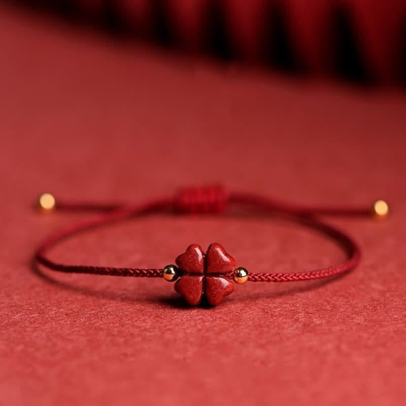 Buddha Stones Natural Cinnabar Four Leaf Clover Blessing Red String Bracelet Anklet - Dark Red - Anklet(Anklet Circumference 21-27cm) - With Golden Bead - image 15