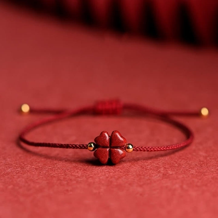 Buddha Stones Natural Cinnabar Four Leaf Clover Blessing Red String Bracelet Anklet - Dark Red - Anklet(Anklet Circumference 21-27cm) - With Golden Bead - image 15