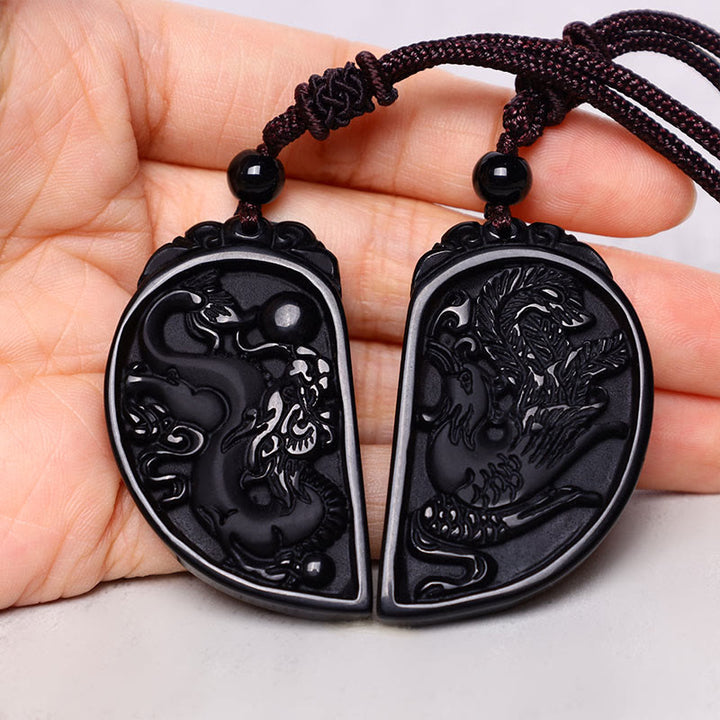 Buddha Stones Black Obsidian Love Dragon Phoenix Protection Necklace Pendant - image 2