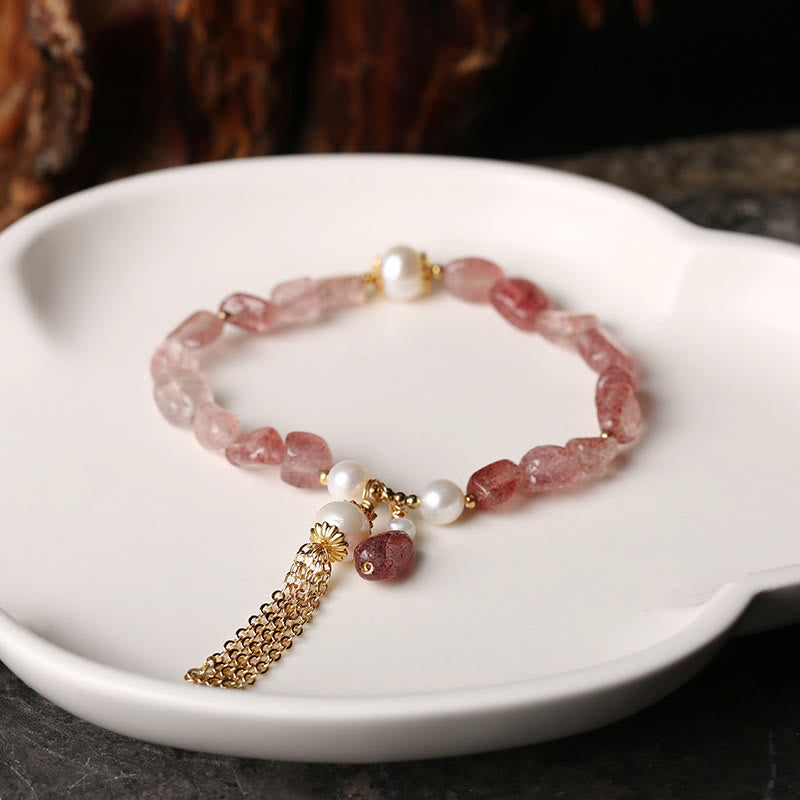 Buddha Stones Natural Strawberry Quartz Pearl 14k Gold Plated Love Healing Bracelet - image 5