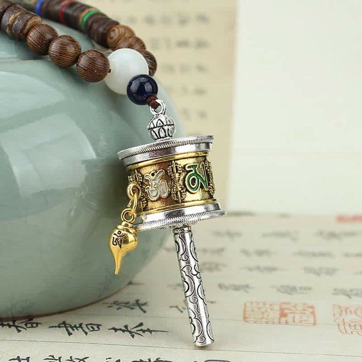 Buddha Stones Tibetan Om Mani Padme Hum Prayer Wheel Rotation Vajra Wood Necklace Pendant - image 2