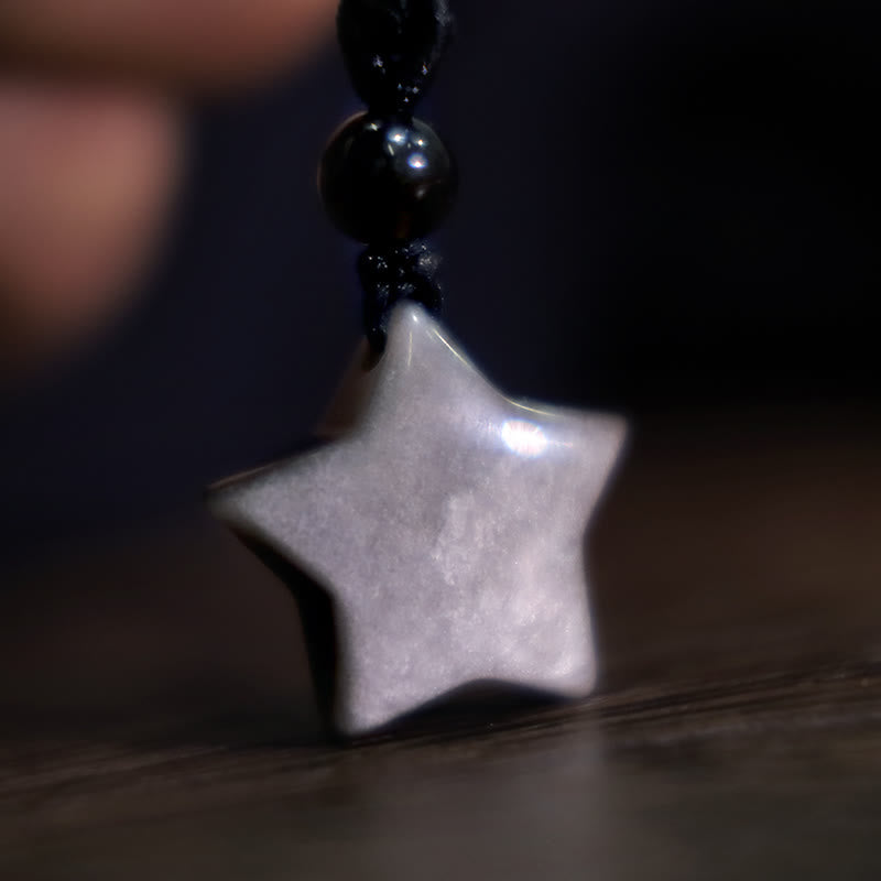 Buddha Stones Natural Silver Sheen Obsidian Star Crescent Moon Protection Necklace Pendant - image 1