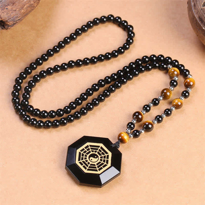 Buddha Stones Bagua Yin Yang Black Obsidian Purification Beaded Necklace Pendant - image 4