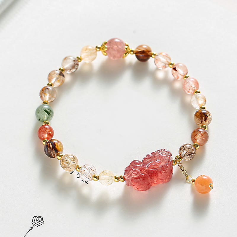 Buddha Stones Natural Rutilated Quartz Strawberry Quartz PiXiu Wealth Bracelet - Rutilated Quartz(Auspiciousness♥Courage)(Wrist Circumference 14-17cm) - image 0