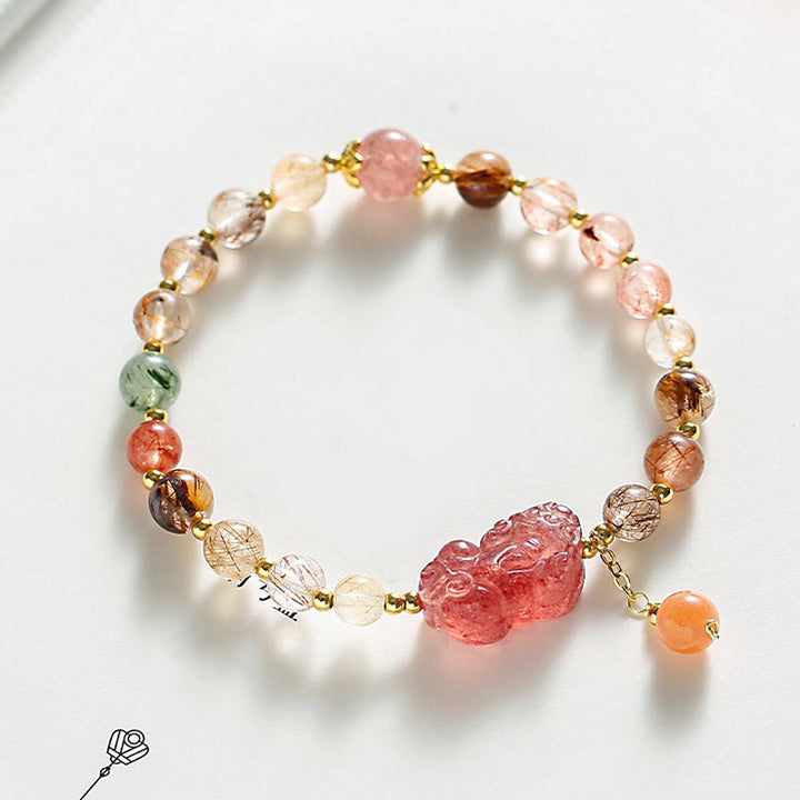 Buddha Stones Natural Rutilated Quartz Strawberry Quartz PiXiu Wealth Bracelet - Rutilated Quartz(Auspiciousness♥Courage)(Wrist Circumference 14-17cm) - image 0