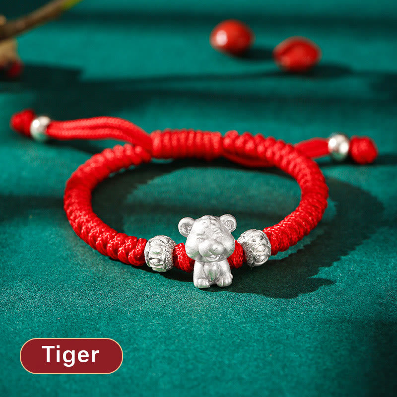 Buddha Stones 999 Sterling Silver Chinese Zodiac Red Rope Luck Handcrafted Kids Bracelet - Tiger(Bracelet Size 12+4cm) - image 7