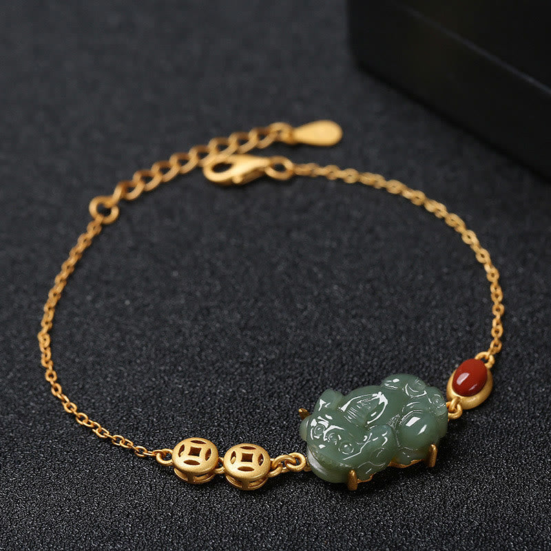 Buddha Stones Cyan Jade PiXiu Copper Coin Red Agate Success Chain Bracelet - Cyan Jade(Success♥Healing) - image 0