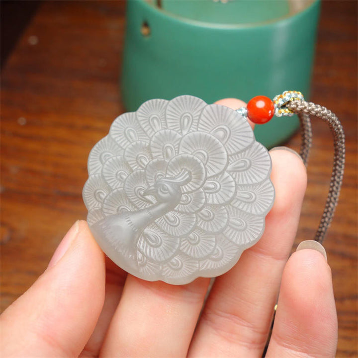 White Jade Peacock Protection Blessing Necklace Pendant - image 3