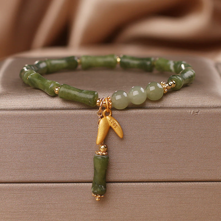 Buddha Stones Green Bamboo Jade Leaf Pattern Wealth Luck Bracelet - Green Bamboo Leaf(Wrist Circumference 14-15cm) - image 0