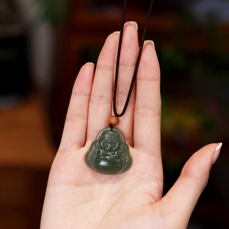Buddha Stones Laughing Buddha Hetian Jade Healing Calm Necklace String Pendant - image 1