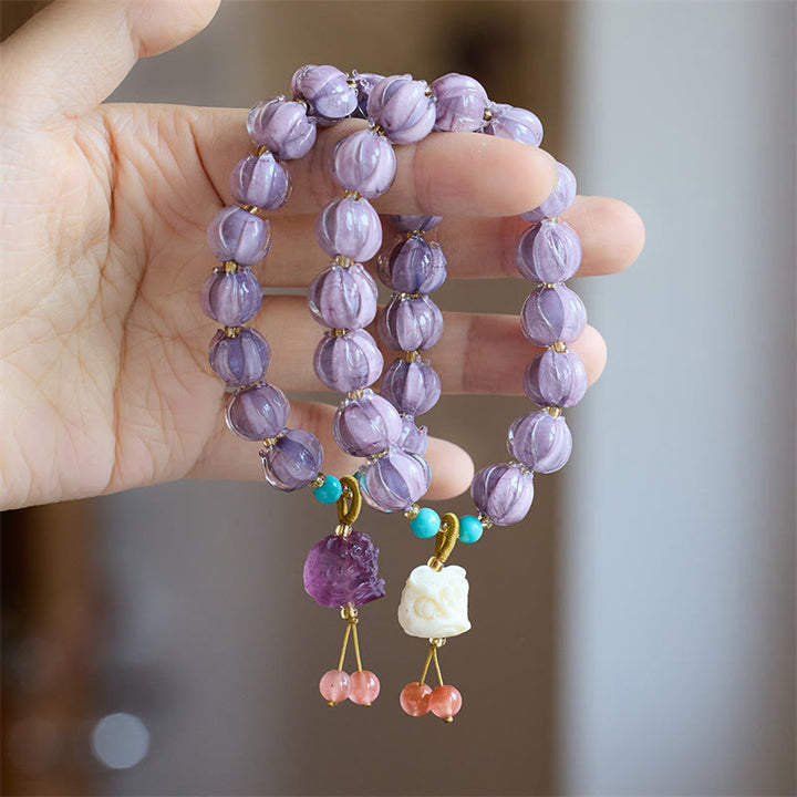 Buddha Stones Liuli Glass Bead Lotus Design Fluorite Ivory Fruit Dancing Lion Charm Enlightenment Bracelet - image 1