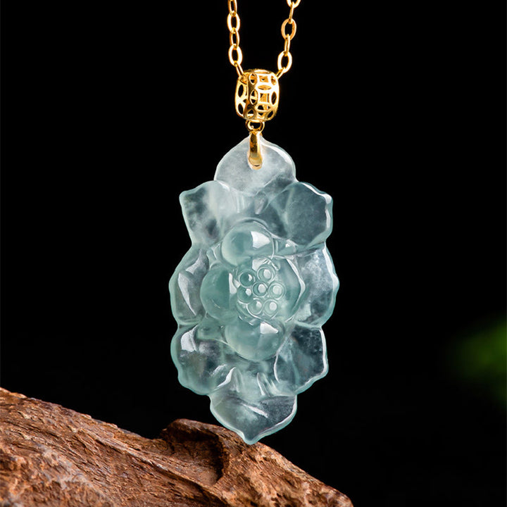 Buddha Stones Natural Jade Lotus Pattern Prosperity Titanium Steel Chain Necklace Pendant - image 6