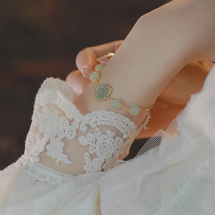 Buddha Stones 14K Gold Plated Hetian Jade Rose Flower Luck Chain Bracelet - image 8