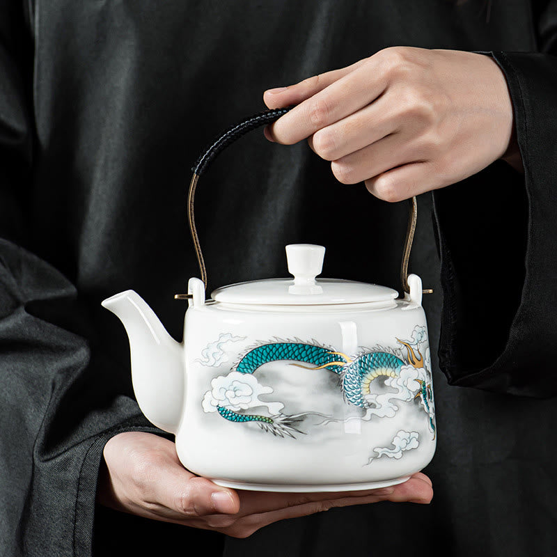 Buddha Stones Vintage Dragon Mountain Fisherman Landscape White Porcelain Ceramic Kung Fu Teapot - Dragon 15.3cm*10.6cm*600ml - image 0