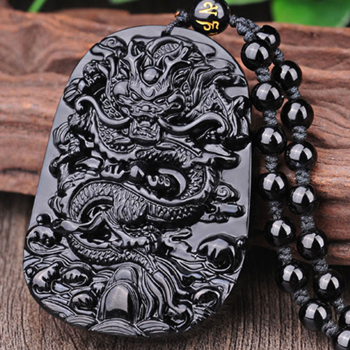 Buddha Stones Black Obsidian Stone Dragon Fulfilment Pendant Necklace - image 8