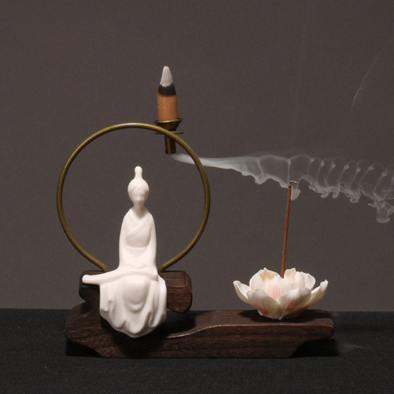 Buddha Stones Ceramic Lotus Healing Meditation Incense Burner Decoration - White Zither - image 4