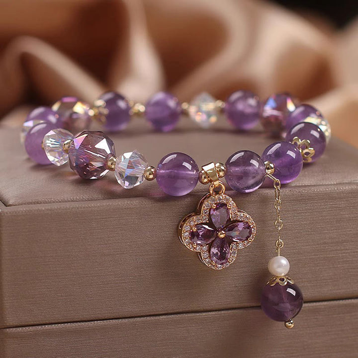 Buddha Stones Natural Amethyst Crystal Four Leaf Clover Spiritual Healing Bracelet - image 2