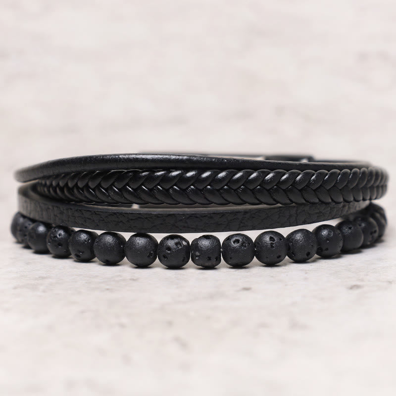 Buddha Stones Natural Lava Rock Black Onyx Bead Leather Bracelet - image 1